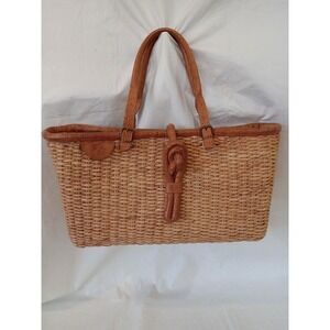 Il Bisonte Straw Woven Tote Bag Leather Trim Knotted Detail Brown